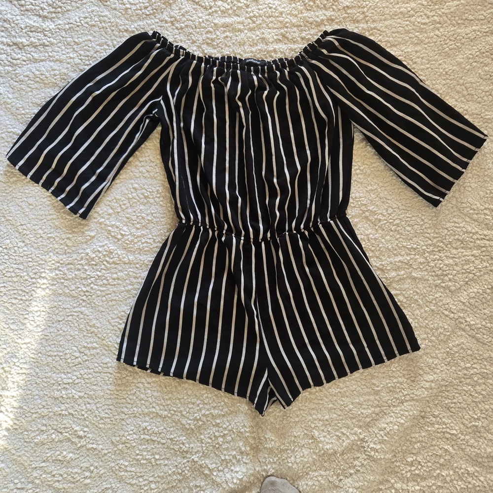 Black and White Striped Off-Shoulder Romper
